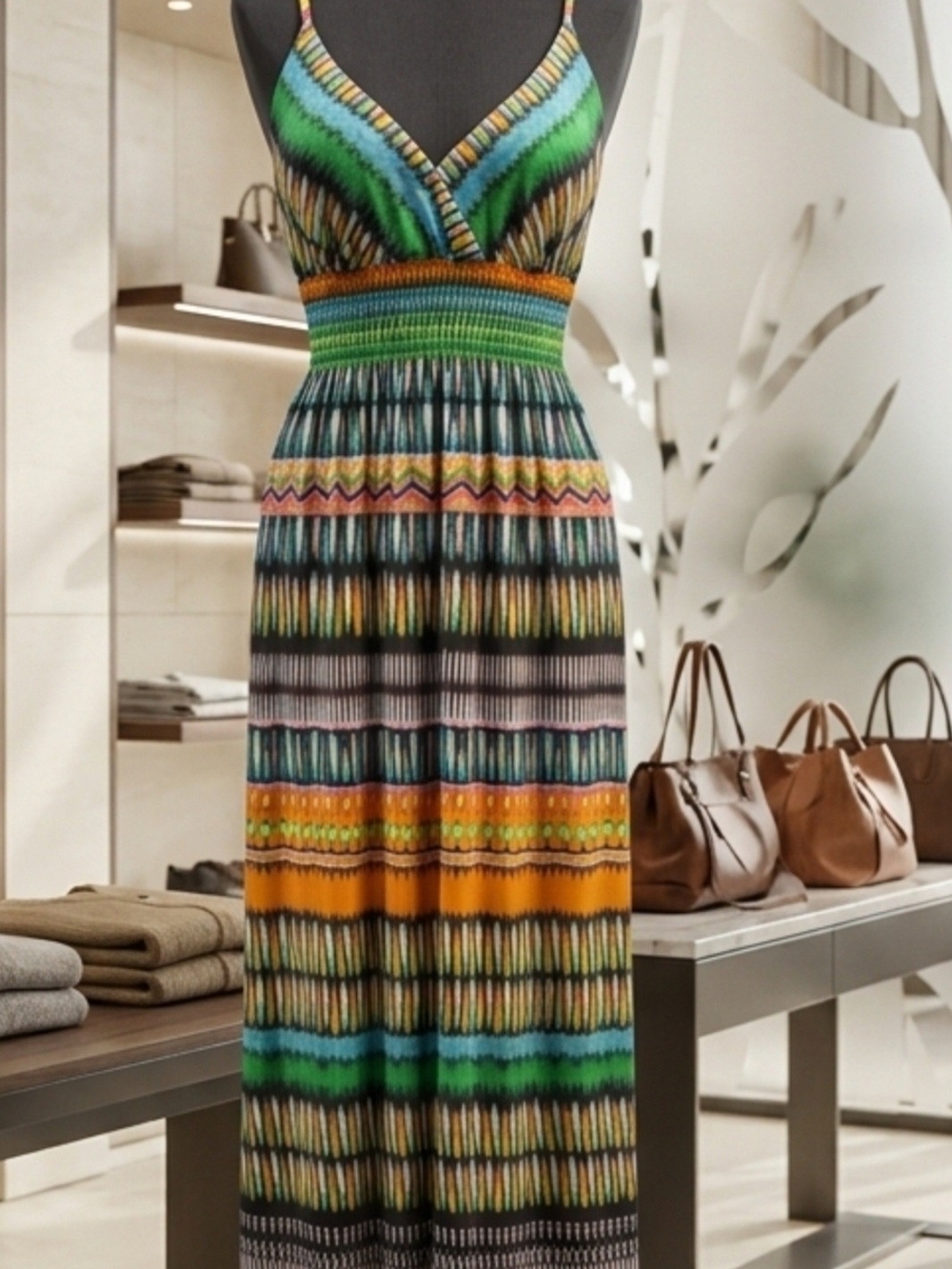 She's Cool Striped V-Neck Maxi Dress in Green, Blue, Orange and Yellow Pit 20-22